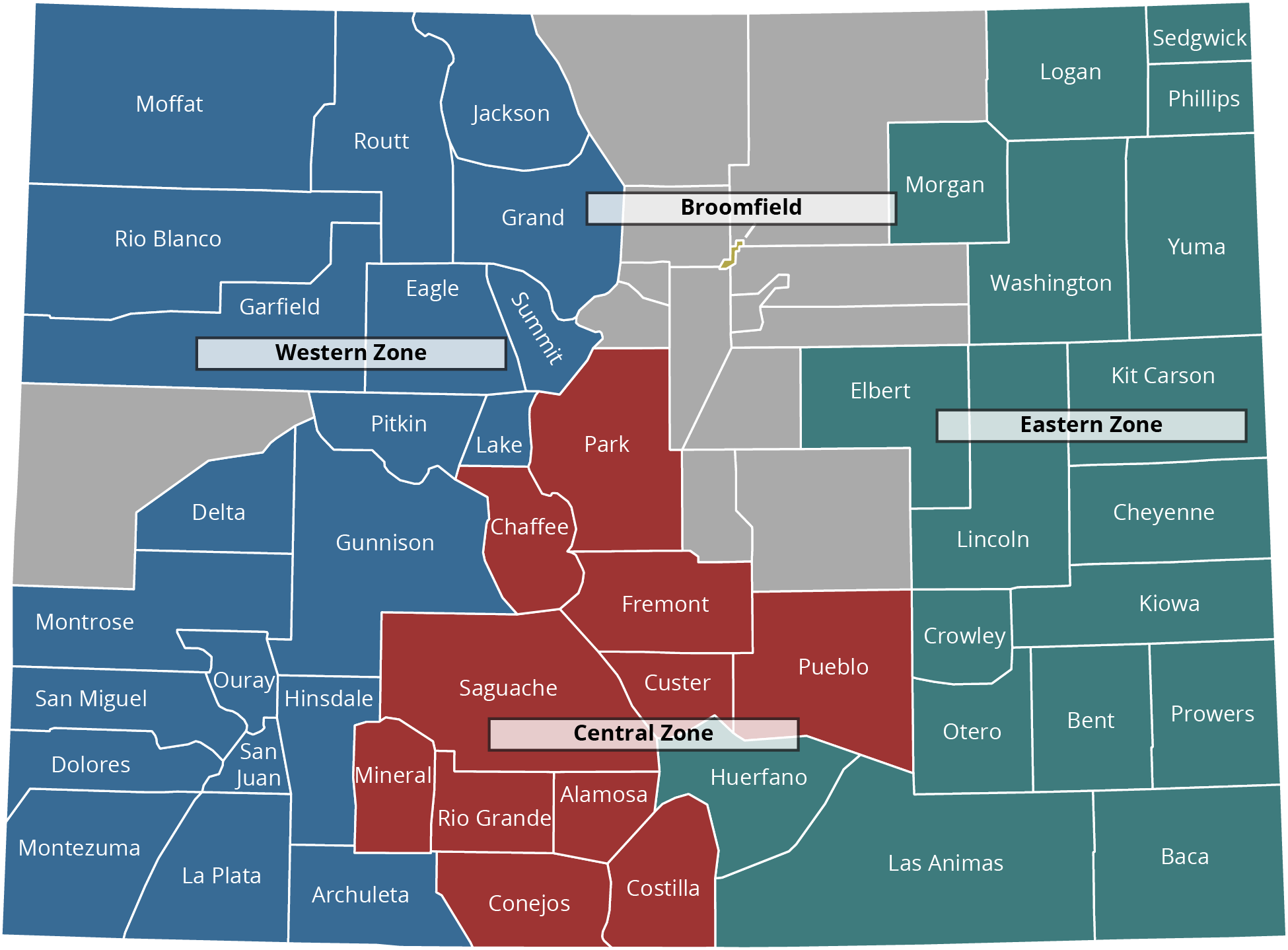 Image of Colorado County Map displaying the four service delivery zones for the Colorado Rural Workforce Consortium.